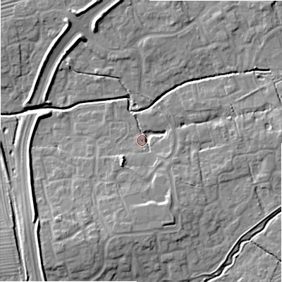 Shaded relief map of the ground around SN251BW, computed from Environment Agency LiDAR. The ground here sits at about 86 m above sea level and falls 11 m across the surrounding 800 m. Surface water reaching this point runs off ground lying to the south, 6.4 m higher.