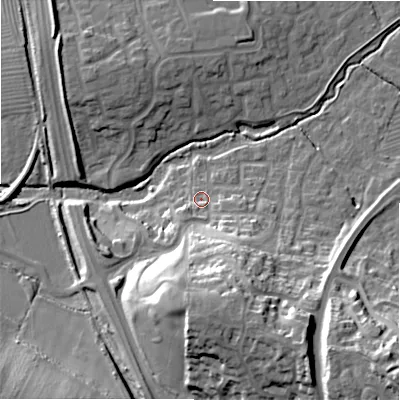 Shaded relief map of the ground around SN251FA, computed from Environment Agency LiDAR. The ground here sits at about 88 m above sea level and falls 30 m across the surrounding 800 m. Surface water reaching this point runs off ground lying to the south, 20.8 m higher.