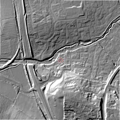Shaded relief map of the ground around SN251FD, computed from Environment Agency LiDAR. The ground here sits at about 87 m above sea level and falls 28 m across the surrounding 800 m. Surface water reaching this point runs off ground lying to the south-south-east, 5.0 m higher.