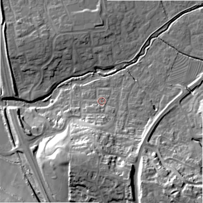 Shaded relief map of the ground around SN251FH, computed from Environment Agency LiDAR. The ground here sits at about 88 m above sea level and falls 30 m across the surrounding 800 m. Surface water reaching this point runs off ground lying to the south, 14.7 m higher.