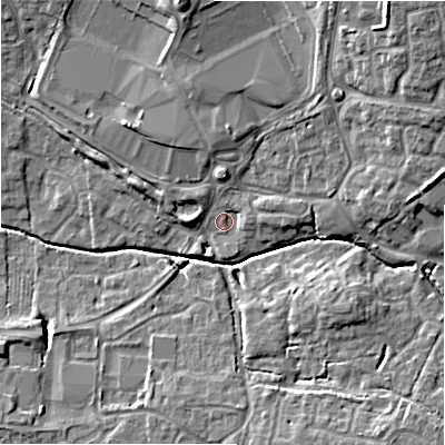 Shaded relief map of the ground around SN251JE, computed from Environment Agency LiDAR. The ground here sits at about 89 m above sea level and falls 13 m across the surrounding 800 m. Surface water reaching this point runs off ground lying to the north-east, 10.4 m higher.