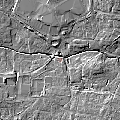Shaded relief map of the ground around SN251QR, computed from Environment Agency LiDAR. The ground here sits at about 89 m above sea level and falls 11 m across the surrounding 800 m. Surface water reaching this point runs off ground lying to the north-east, 10.4 m higher.