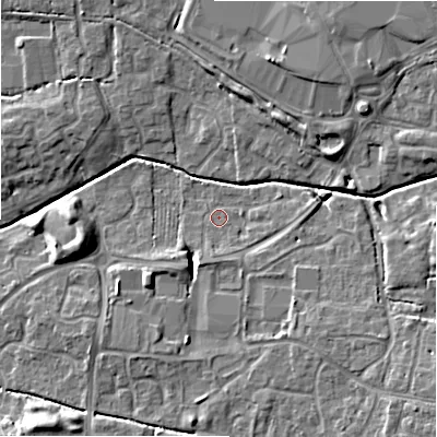 Shaded relief map of the ground around SN251QS, computed from Environment Agency LiDAR. The ground here sits at about 88 m above sea level and falls 8 m across the surrounding 800 m. Surface water reaching this point runs off ground lying to the south-east, 2.0 m higher.