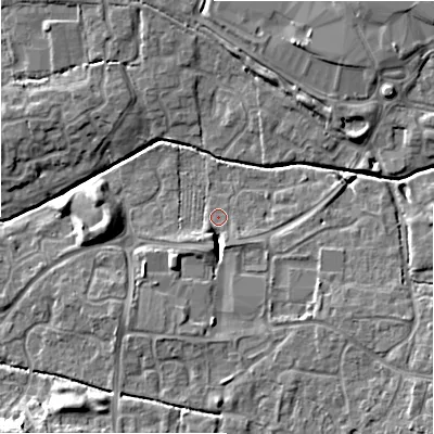 Shaded relief map of the ground around SN251QT, computed from Environment Agency LiDAR. The ground here sits at about 88 m above sea level and falls 10 m across the surrounding 800 m. Surface water reaching this point runs off ground lying to the south-east, 5.3 m higher.