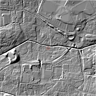 Shaded relief map of the ground around SN251QU, computed from Environment Agency LiDAR. The ground here sits at about 88 m above sea level and falls 7 m across the surrounding 800 m. Surface water reaching this point runs off ground lying to the north-east, 6.0 m higher.