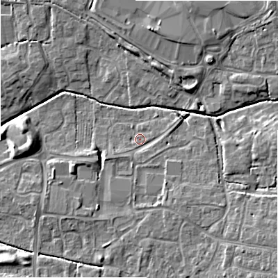 Shaded relief map of the ground around SN251QX, computed from Environment Agency LiDAR. The ground here sits at about 88 m above sea level and falls 8 m across the surrounding 800 m. Surface water reaching this point runs off ground lying to the south-east, 1.8 m higher.
