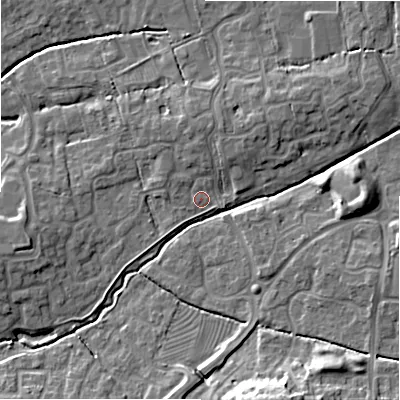 Shaded relief map of the ground around SN251RB, computed from Environment Agency LiDAR. The ground here sits at about 87 m above sea level and falls 13 m across the surrounding 800 m. Surface water reaching this point runs off ground lying to the north, 3.0 m higher.