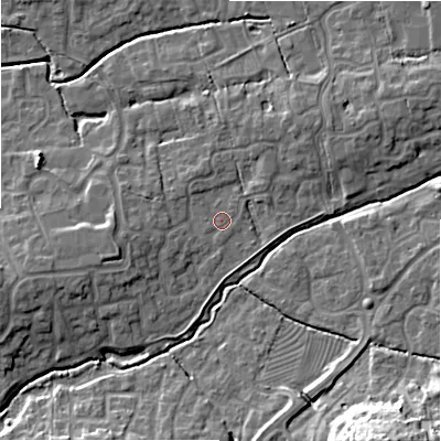 Shaded relief map of the ground around SN251RD, computed from Environment Agency LiDAR. The ground here sits at about 86 m above sea level and falls 17 m across the surrounding 800 m. Surface water reaching this point runs off ground lying to the north-north-east, 3.3 m higher.
