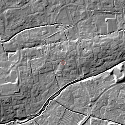 Shaded relief map of the ground around SN251RE, computed from Environment Agency LiDAR. The ground here sits at about 88 m above sea level and falls 8 m across the surrounding 800 m. Surface water reaching this point runs off ground lying to the north-east, 2.0 m higher.