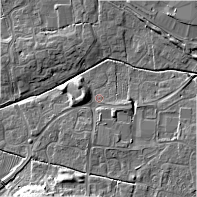 Shaded relief map of the ground around SN251RR, computed from Environment Agency LiDAR. The ground here sits at about 88 m above sea level and falls 12 m across the surrounding 800 m. Surface water reaching this point runs off ground lying to the south-east, 3.3 m higher.