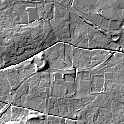 Shaded relief map of the ground around SN251RS, computed from Environment Agency LiDAR. The ground here sits at about 88 m above sea level and falls 9 m across the surrounding 800 m. Surface water reaching this point runs off ground lying to the south-south-east, 1.9 m higher.