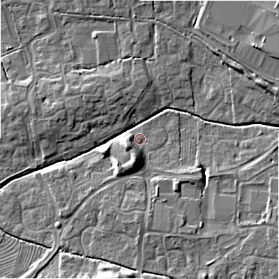 Shaded relief map of the ground around SN251SB, computed from Environment Agency LiDAR. The ground here sits at about 87 m above sea level and falls 8 m across the surrounding 800 m. Surface water reaching this point runs off ground lying to the south-south-west, 4.6 m higher.