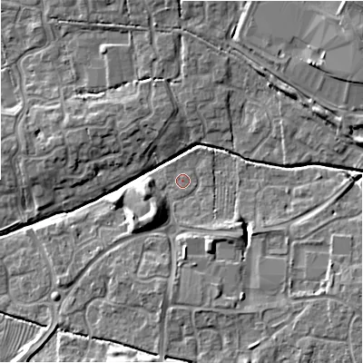 Shaded relief map of the ground around SN251SD, computed from Environment Agency LiDAR. The ground here sits at about 87 m above sea level and falls 7 m across the surrounding 800 m. Surface water reaching this point runs off ground lying to the south-south-east, 1.7 m higher.