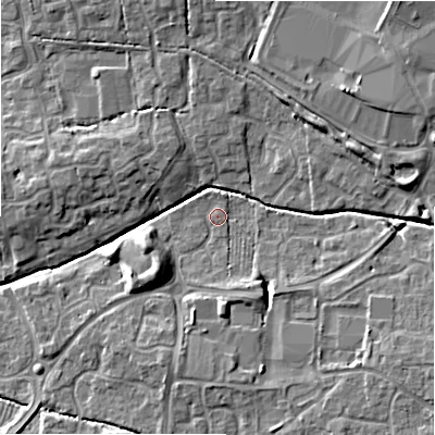 Shaded relief map of the ground around SN251SE, computed from Environment Agency LiDAR. The ground here sits at about 87 m above sea level and falls 8 m across the surrounding 800 m. Surface water reaching this point runs off ground lying to the south-south-east, 2.8 m higher.
