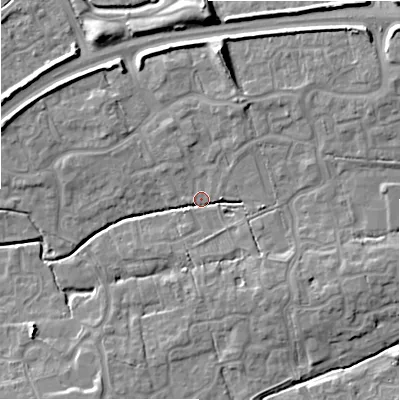 Shaded relief map of the ground around SN251SU, computed from Environment Agency LiDAR. The ground here sits at about 87 m above sea level and falls 10 m across the surrounding 800 m. Surface water reaching this point runs off ground lying to the north, 8.3 m higher.