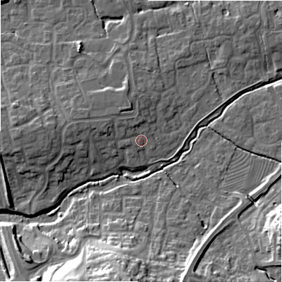 Shaded relief map of the ground around SN251TE, computed from Environment Agency LiDAR. The ground here sits at about 87 m above sea level and falls 22 m across the surrounding 800 m. Surface water reaching this point runs off ground lying to the north-west, 2.5 m higher.