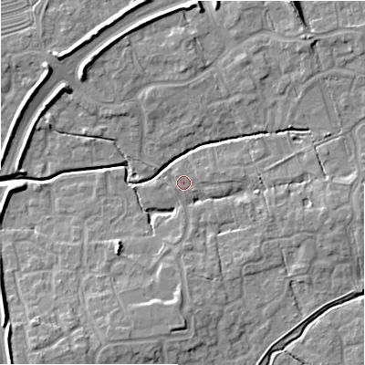 Shaded relief map of the ground around SN251UE, computed from Environment Agency LiDAR. The ground here sits at about 86 m above sea level and falls 10 m across the surrounding 800 m. Surface water reaching this point runs off ground lying to the north-west, 0.6 m higher.