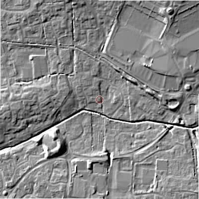 Shaded relief map of the ground around SN251UP, computed from Environment Agency LiDAR. The ground here sits at about 88 m above sea level and falls 11 m across the surrounding 800 m. Surface water reaching this point runs off ground lying to the north-east, 8.7 m higher.