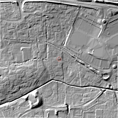 Shaded relief map of the ground around SN251UR, computed from Environment Agency LiDAR. The ground here sits at about 89 m above sea level and falls 15 m across the surrounding 800 m. Surface water reaching this point runs off ground lying to the north-north-west, 1.3 m higher.