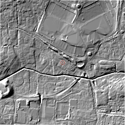 Shaded relief map of the ground around SN251UW, computed from Environment Agency LiDAR. The ground here sits at about 89 m above sea level and falls 12 m across the surrounding 800 m. Surface water reaching this point runs off ground lying to the north-north-west, 1.1 m higher.