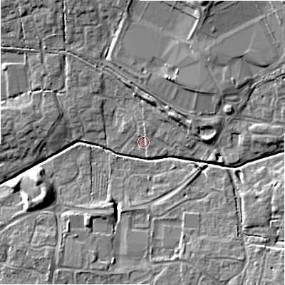 Shaded relief map of the ground around SN251UX, computed from Environment Agency LiDAR. The ground here sits at about 88 m above sea level and falls 10 m across the surrounding 800 m. Surface water reaching this point runs off ground lying to the north, 1.6 m higher.