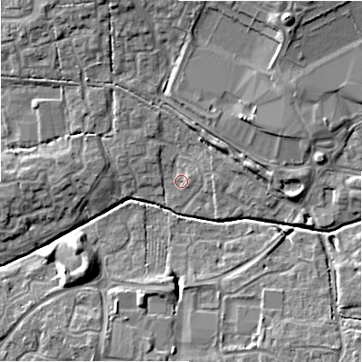 Shaded relief map of the ground around SN251UY, computed from Environment Agency LiDAR. The ground here sits at about 88 m above sea level and falls 11 m across the surrounding 800 m. Surface water reaching this point runs off ground lying to the north-north-east, 8.7 m higher.