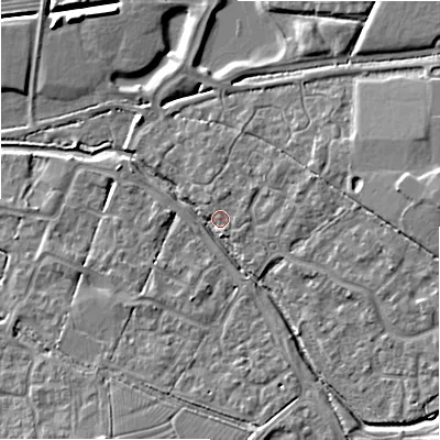 Shaded relief map of the ground around SN252AB, computed from Environment Agency LiDAR. The ground here sits at about 86 m above sea level and falls 8 m across the surrounding 800 m. Surface water reaching this point runs off ground lying to the east, 7.1 m higher.