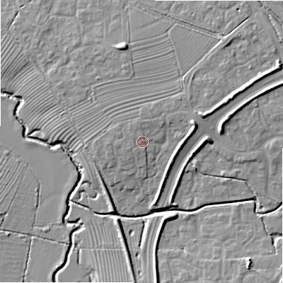 Shaded relief map of the ground around SN252BF, computed from Environment Agency LiDAR. The ground here sits at about 87 m above sea level and falls 9 m across the surrounding 800 m. Surface water reaching this point runs off ground lying to the east-north-east, 3.2 m higher.