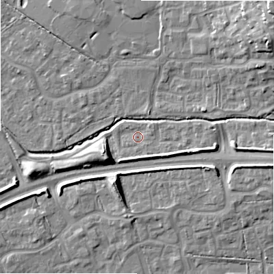 Shaded relief map of the ground around SN252BH, computed from Environment Agency LiDAR. The ground here sits at about 88 m above sea level and falls 20 m across the surrounding 800 m. Surface water reaching this point runs off ground lying to the east-south-east, 3.7 m higher.