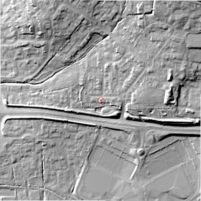 Shaded relief map of the ground around SN252EB, computed from Environment Agency LiDAR. The ground here sits at about 97 m above sea level and falls 25 m across the surrounding 800 m. Surface water reaching this point runs off ground lying to the north-east, 15.4 m higher.
