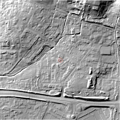 Shaded relief map of the ground around SN252ED, computed from Environment Agency LiDAR. The ground here sits at about 101 m above sea level and falls 38 m across the surrounding 800 m. Surface water reaching this point runs off ground lying to the north-east, 14.8 m higher.