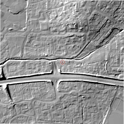 Shaded relief map of the ground around SN252EG, computed from Environment Agency LiDAR. The ground here sits at about 91 m above sea level and falls 22 m across the surrounding 800 m. Surface water reaching this point runs off ground lying to the north-north-east, 17.7 m higher.