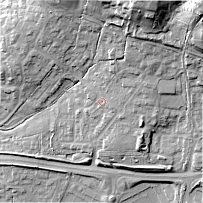 Shaded relief map of the ground around SN252EL, computed from Environment Agency LiDAR. The ground here sits at about 102 m above sea level and falls 42 m across the surrounding 800 m. Surface water reaching this point runs off ground lying to the north-east, 13.5 m higher.