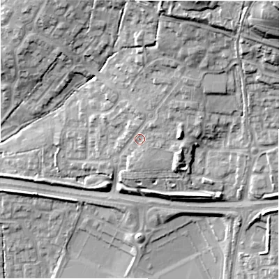 Shaded relief map of the ground around SN252EN, computed from Environment Agency LiDAR. The ground here sits at about 101 m above sea level and falls 40 m across the surrounding 800 m. Surface water reaching this point runs off ground lying to the north-north-east, 14.2 m higher.