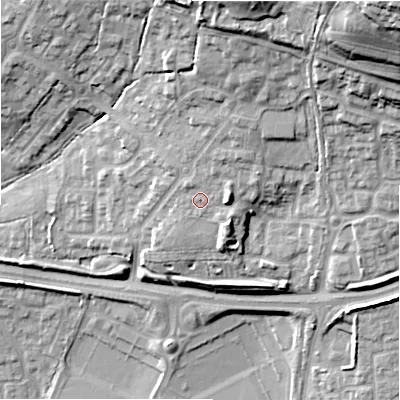 Shaded relief map of the ground around SN252EP, computed from Environment Agency LiDAR. The ground here sits at about 102 m above sea level and falls 42 m across the surrounding 800 m. Surface water reaching this point runs off ground lying to the north-north-east, 4.0 m higher.