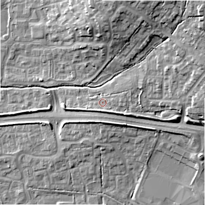 Shaded relief map of the ground around SN252EQ, computed from Environment Agency LiDAR. The ground here sits at about 94 m above sea level and falls 22 m across the surrounding 800 m. Surface water reaching this point runs off ground lying to the north-east, 11.0 m higher.