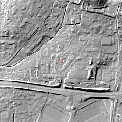 Shaded relief map of the ground around SN252ER, computed from Environment Agency LiDAR. The ground here sits at about 100 m above sea level and falls 36 m across the surrounding 800 m. Surface water reaching this point runs off ground lying to the north-east, 3.4 m higher.