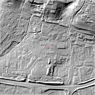 Shaded relief map of the ground around SN252ES, computed from Environment Agency LiDAR. The ground here sits at about 105 m above sea level and falls 48 m across the surrounding 800 m. Surface water reaching this point runs off ground lying to the north-north-east, 10.6 m higher.