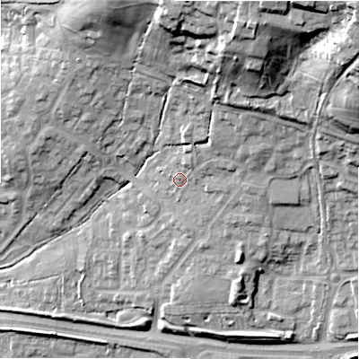Shaded relief map of the ground around SN252ET, computed from Environment Agency LiDAR. The ground here sits at about 104 m above sea level and falls 45 m across the surrounding 800 m. Surface water reaching this point runs off ground lying to the north-north-east, 3.7 m higher.