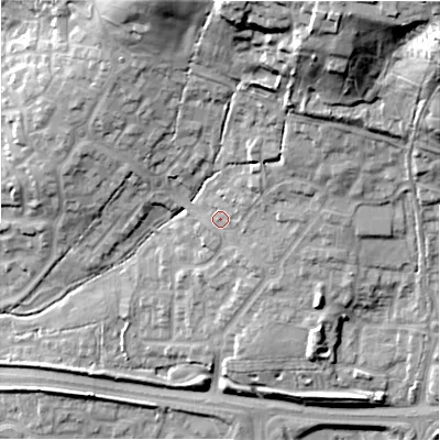Shaded relief map of the ground around SN252EW, computed from Environment Agency LiDAR. The ground here sits at about 102 m above sea level and falls 42 m across the surrounding 800 m. Surface water reaching this point runs off ground lying to the north-east, 5.1 m higher.