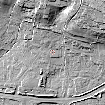 Shaded relief map of the ground around SN252EX, computed from Environment Agency LiDAR. The ground here sits at about 106 m above sea level and falls 51 m across the surrounding 800 m. Surface water reaching this point runs off ground lying to the north-north-east, 8.9 m higher.