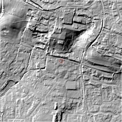 Shaded relief map of the ground around SN252FB, computed from Environment Agency LiDAR. The ground here sits at about 111 m above sea level and falls 50 m across the surrounding 800 m. Surface water reaching this point runs off ground lying to the north-north-east, 4.1 m higher.