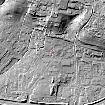 Shaded relief map of the ground around SN252FD, computed from Environment Agency LiDAR. The ground here sits at about 107 m above sea level and falls 49 m across the surrounding 800 m. Surface water reaching this point runs off ground lying to the north-north-east, 8.2 m higher.