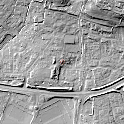 Shaded relief map of the ground around SN252FE, computed from Environment Agency LiDAR. The ground here sits at about 102 m above sea level and falls 45 m across the surrounding 800 m. Surface water reaching this point runs off ground lying to the west, 4.5 m higher.