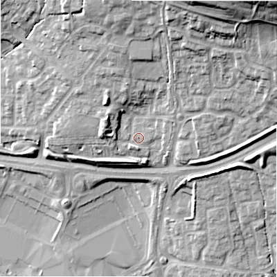 Shaded relief map of the ground around SN252FF, computed from Environment Agency LiDAR. The ground here sits at about 99 m above sea level and falls 38 m across the surrounding 800 m. Surface water reaching this point runs off ground lying to the north, 14.4 m higher.
