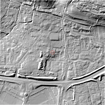 Shaded relief map of the ground around SN252FG, computed from Environment Agency LiDAR. The ground here sits at about 103 m above sea level and falls 47 m across the surrounding 800 m. Surface water reaching this point runs off ground lying to the north-west, 2.6 m higher.