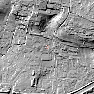 Shaded relief map of the ground around SN252FH, computed from Environment Agency LiDAR. The ground here sits at about 108 m above sea level and falls 50 m across the surrounding 800 m. Surface water reaching this point runs off ground lying to the north, 7.1 m higher.