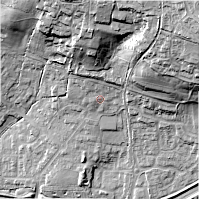 Shaded relief map of the ground around SN252FJ, computed from Environment Agency LiDAR. The ground here sits at about 109 m above sea level and falls 50 m across the surrounding 800 m. Surface water reaching this point runs off ground lying to the north, 7.0 m higher.