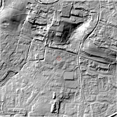 Shaded relief map of the ground around SN252FL, computed from Environment Agency LiDAR. The ground here sits at about 109 m above sea level and falls 50 m across the surrounding 800 m. Surface water reaching this point runs off ground lying to the north, 6.1 m higher.