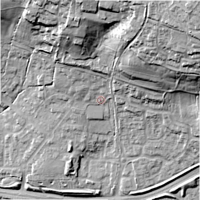 Shaded relief map of the ground around SN252FN, computed from Environment Agency LiDAR. The ground here sits at about 107 m above sea level and falls 51 m across the surrounding 800 m. Surface water reaching this point runs off ground lying to the north-north-east, 25.4 m higher.